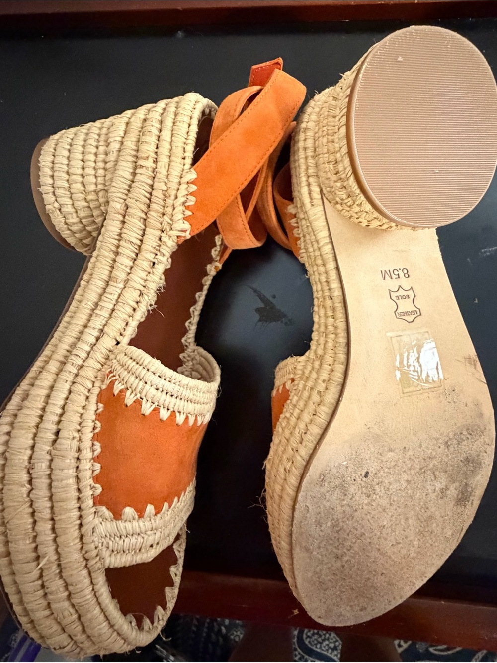 Tory Burch Orange Suede Espadrille Wedge Sandals with Ankle Strap - Picture 4 of 16